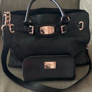 Michael Kors Hamilton Leather Satchel & Matching Wallet Black and Rose Gold